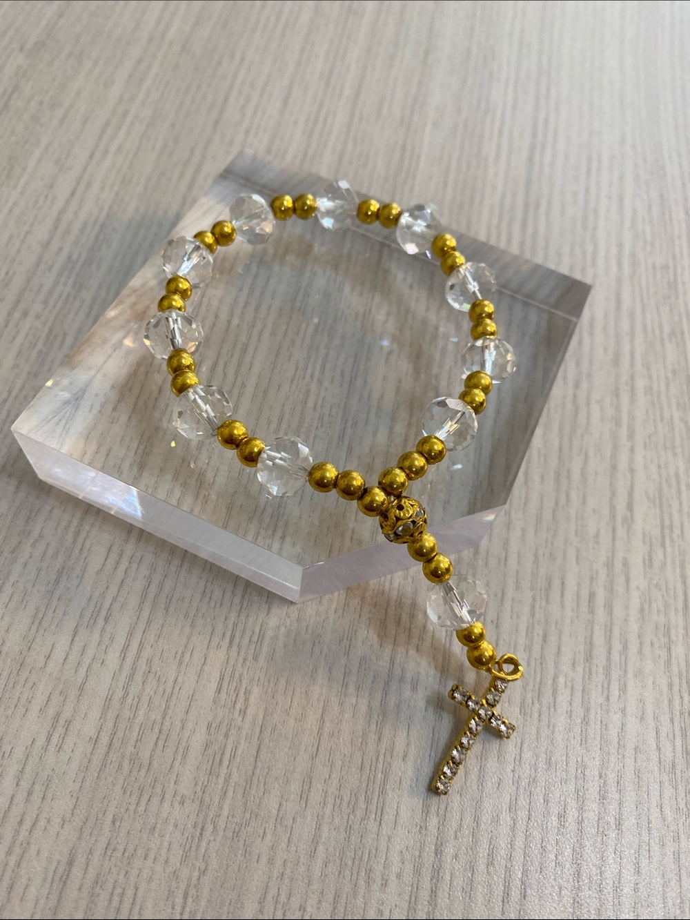 Gold Tone and Clear Beaded Rosary-Style Bracelet with Cross Charm